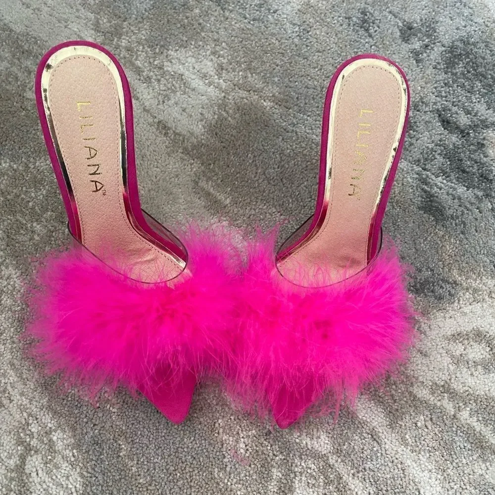 Women faux Feather Slippers Sandals pump High heels Slides Mules Size 6